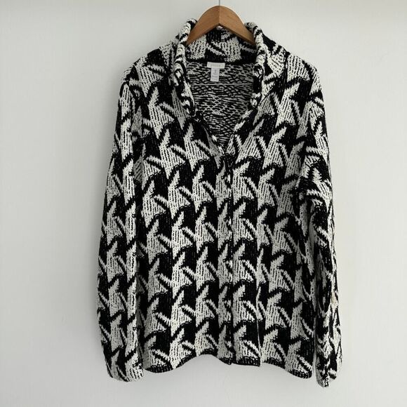 Chicos Jacket Womens XL Wool Blend Knit Cardigan Houndstooth Check Mock Neck - Picture 4 of 10